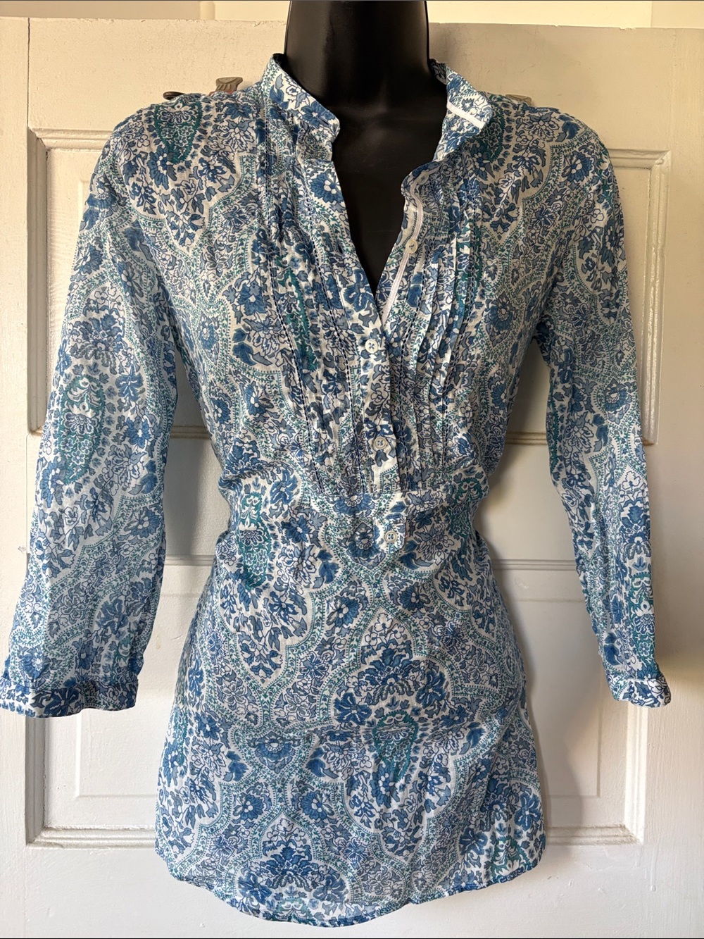 Massimo Dutti Blue Paisley Ruffle-Front Tunic Dress